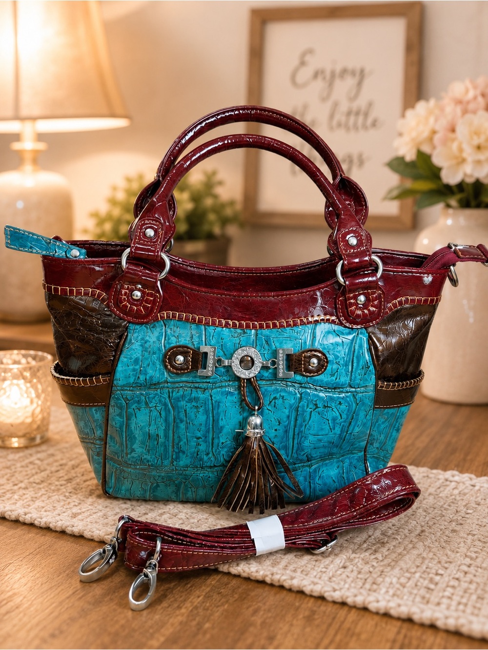 MC Turquoise Croc Embossed Satchel Shoulder Bag with Detachable Strap